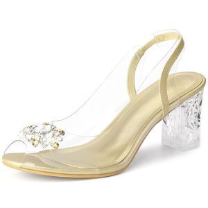 Clear Slingback Rhinestone Peep Toe Block Heels Gold Sandals